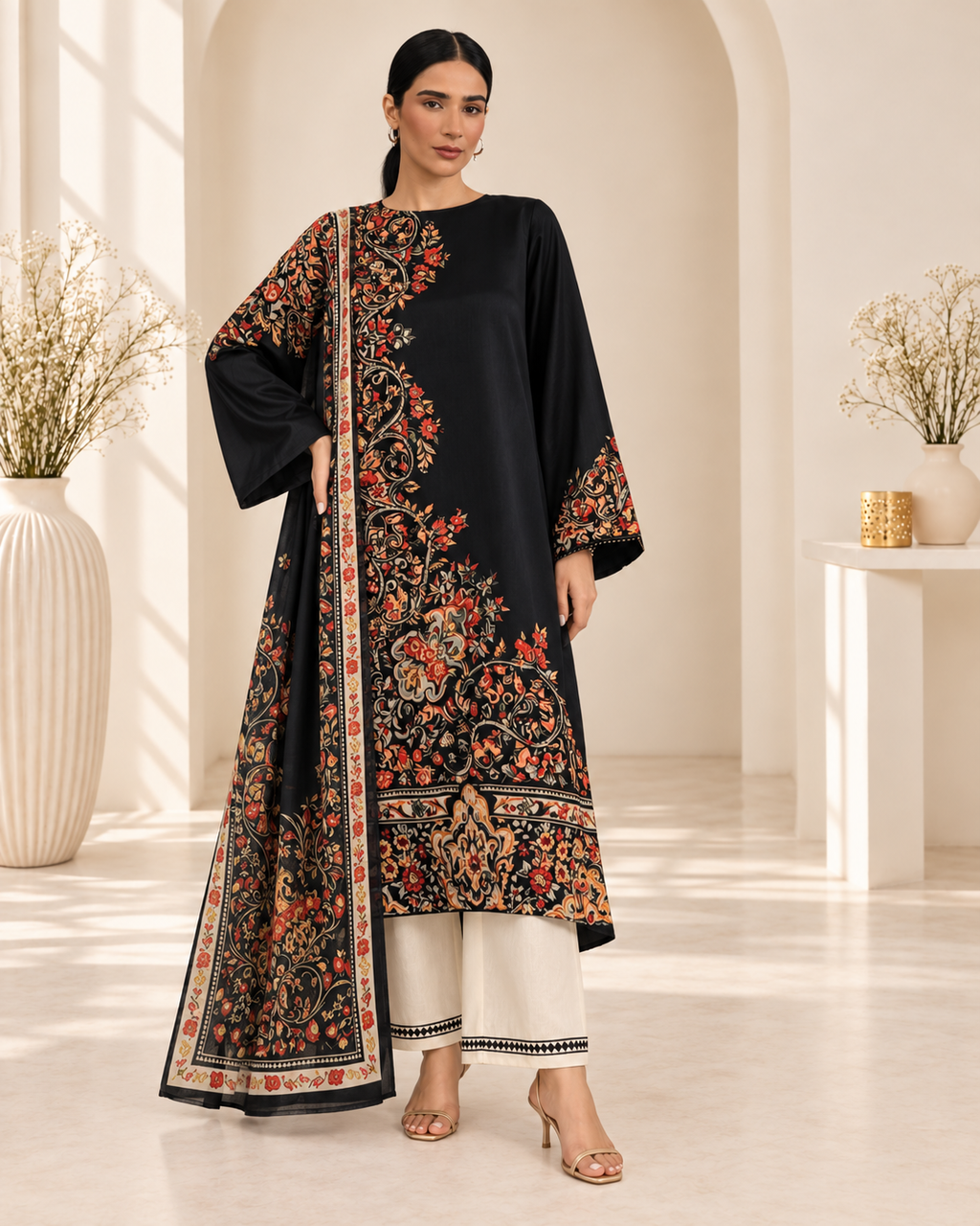 long turkish Co ord With Printed Silk Dupatta