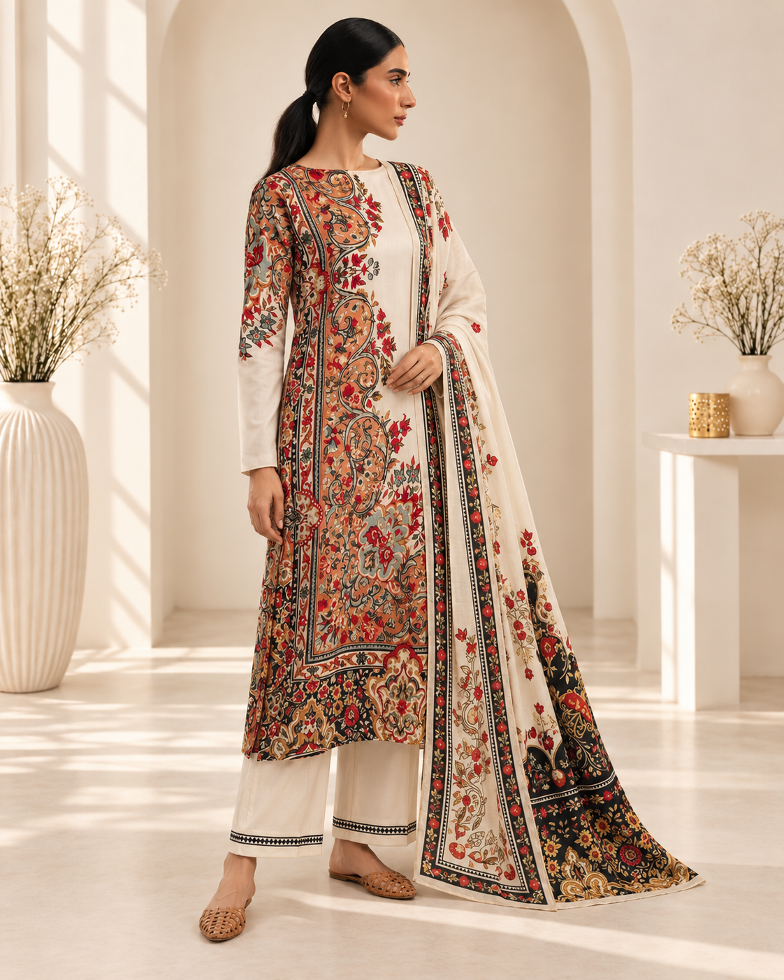 long turkish Co ord With Printed Silk Dupatta